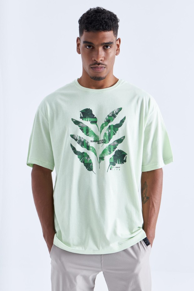 Açık Yeşil Büyük Baskılı O Yaka Erkek Oversize T-Shirt - 88092