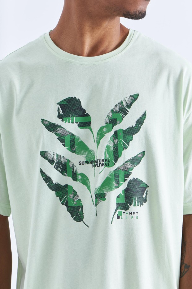 Açık Yeşil Büyük Baskılı O Yaka Erkek Oversize T-Shirt - 88092