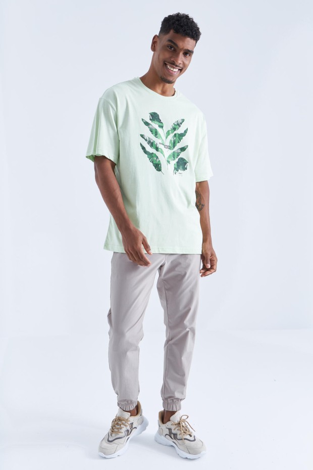 Açık Yeşil Büyük Baskılı O Yaka Erkek Oversize T-Shirt - 88092