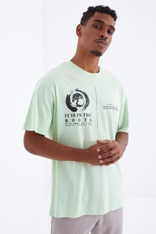 Açık Yeşil Minimal Baskılı O Yaka Erkek Oversize T-Shirt - 88096