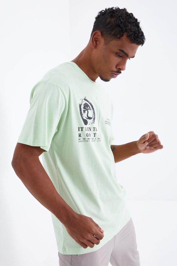 Açık Yeşil Minimal Baskılı O Yaka Erkek Oversize T-Shirt - 88096
