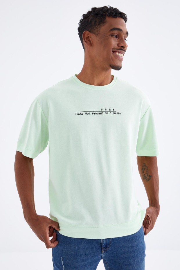 Açık Yeşil Minimal Yazı Nakışlı O Yaka Erkek Oversize T-Shirt - 88106