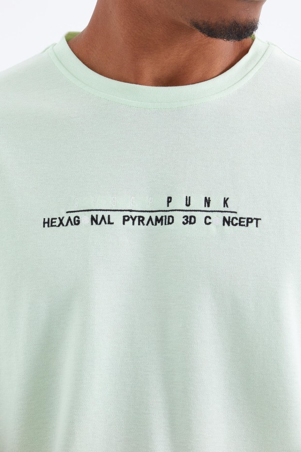 Açık Yeşil Minimal Yazı Nakışlı O Yaka Erkek Oversize T-Shirt - 88106
