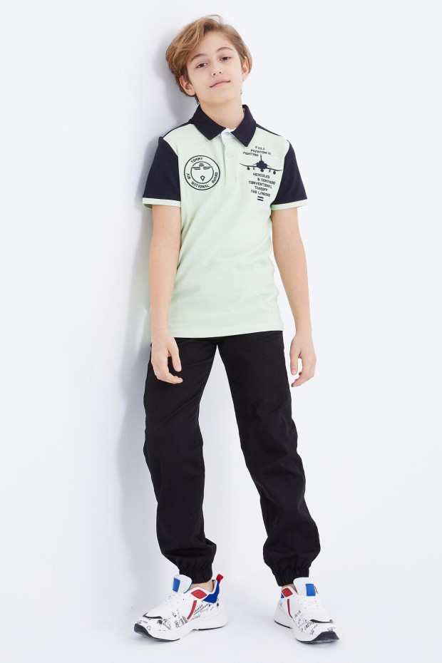Açık Yeşil Nakış Detaylı Kısa Kollu Polo Yaka Erkek Çocuk T-Shirt - 10906