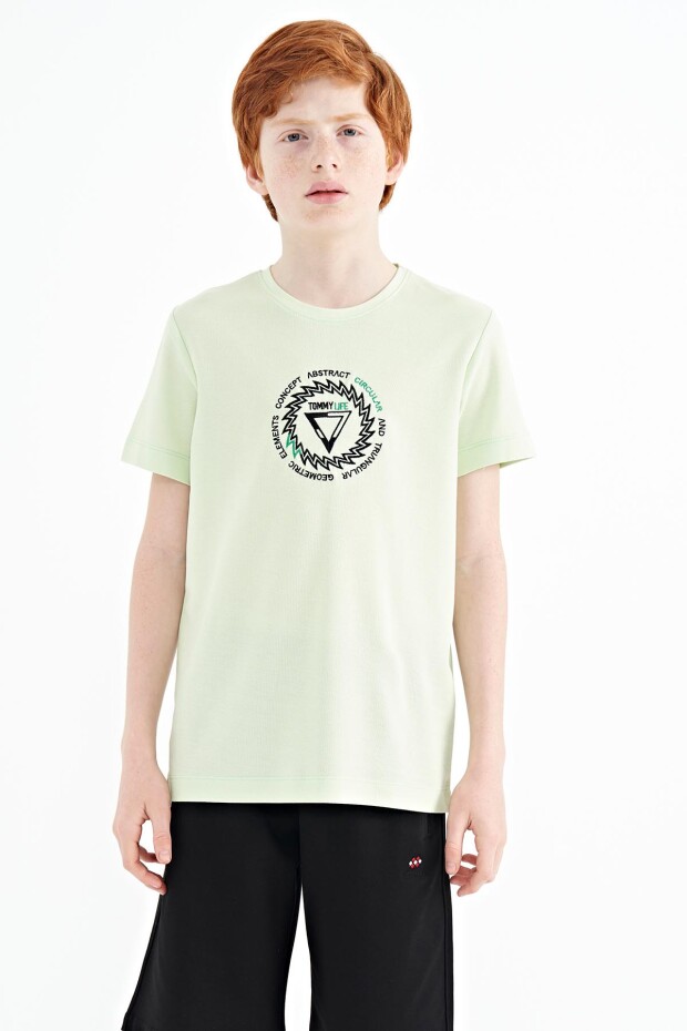 Açık Yeşil Nakış İşleme Detaylı O Yaka Standart Kalıp Erkek Çocuk T-Shirt - 11115 - 2