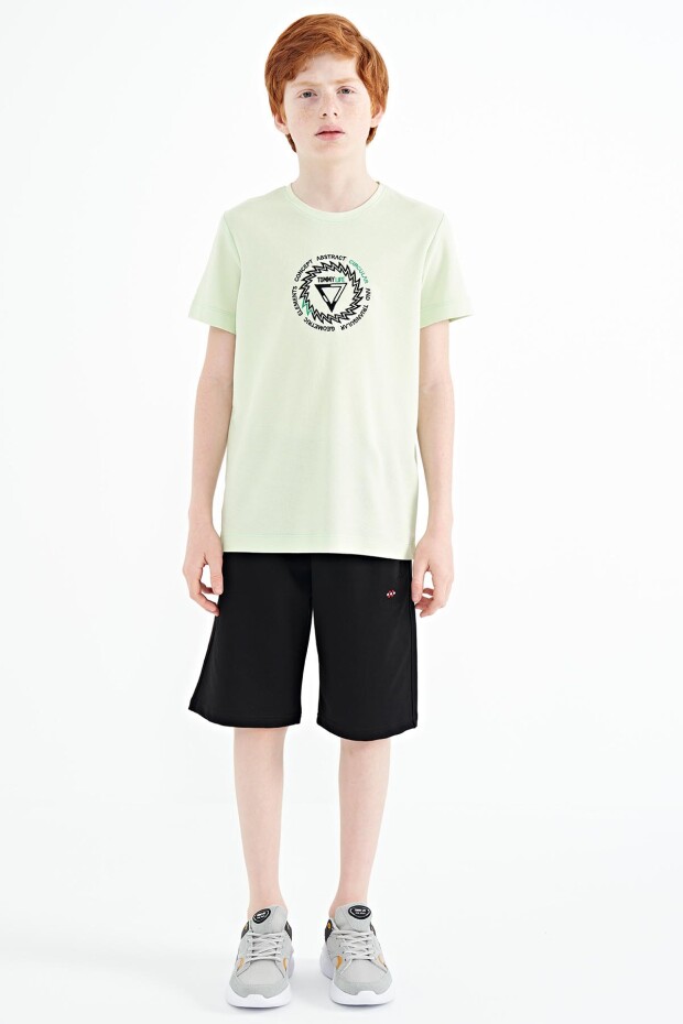 Açık Yeşil Nakış İşleme Detaylı O Yaka Standart Kalıp Erkek Çocuk T-Shirt - 11115 - 1