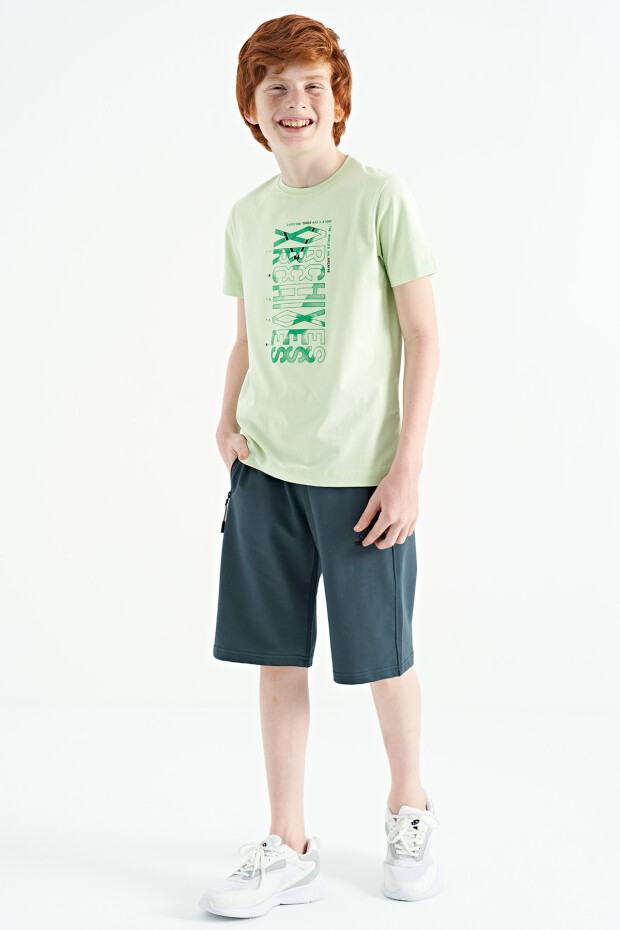 Açık Yeşil Ön Baskı Detaylı O Yaka Standart Kalıp Erkek Çocuk T-Shirt - 11099