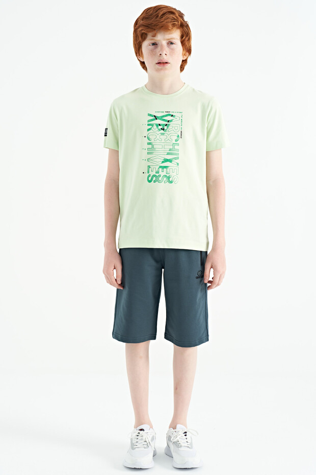 Açık Yeşil Ön Baskı Detaylı O Yaka Standart Kalıp Erkek Çocuk T-Shirt - 11099