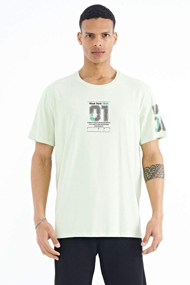 Açık Yeşil Ön ve Tek Kol Baskı Detaylı O Yaka Erkek T-shirt - 88176
