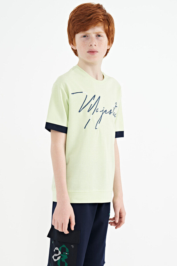 Açık Yeşil Ön Yazı Nakışlı O Yaka Oversize Erkek Çocuk T-Shirt - 11147