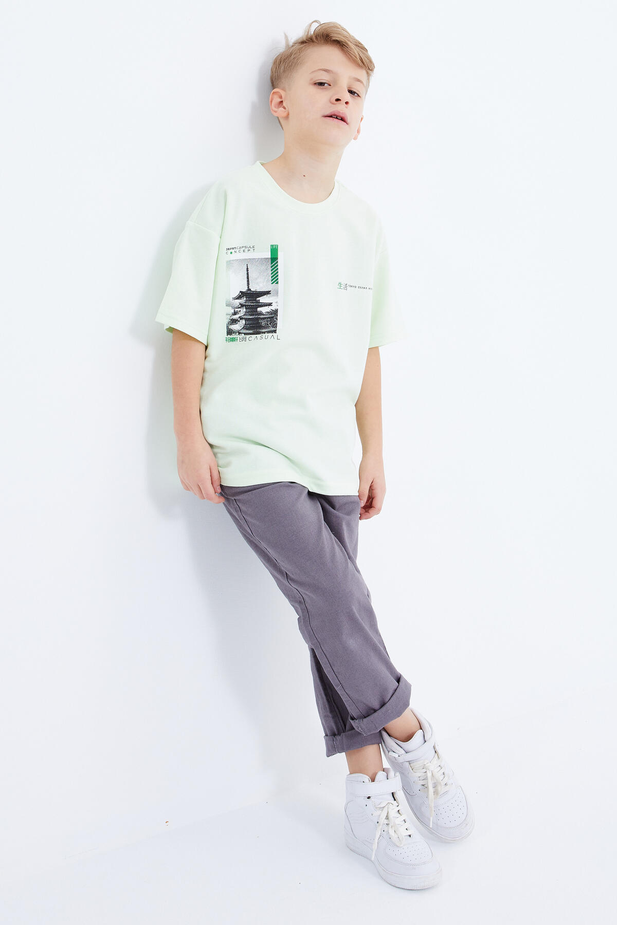 Açık Yeşil Oversize Baskılı Kısa Kollu O Yaka Erkek Çocuk T-Shirt - 10925