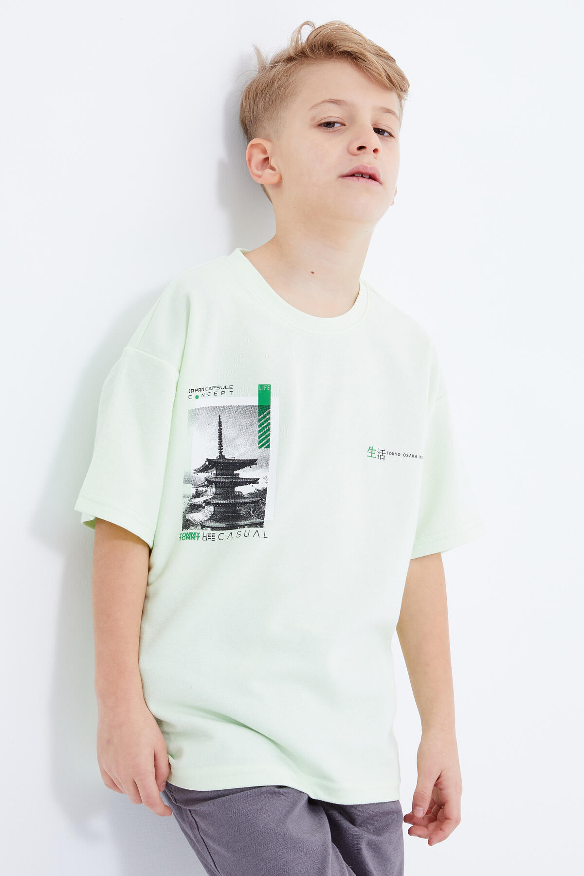 Açık Yeşil Oversize Baskılı Kısa Kollu O Yaka Erkek Çocuk T-Shirt - 10925