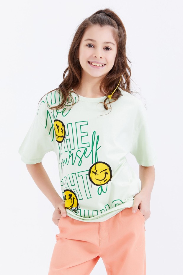 Açık Yeşil Oversize Emoji Baskılı O Yaka Düşük Omuz Kız Çocuk T-Shirt - 75042