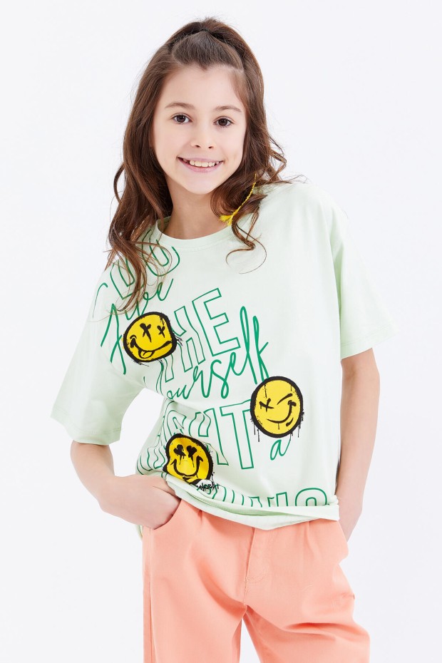 Açık Yeşil Oversize Emoji Baskılı O Yaka Düşük Omuz Kız Çocuk T-Shirt - 75042