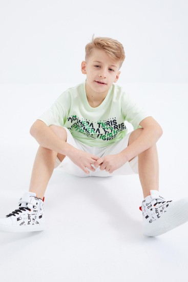 Açık Yeşil Oversize Yazı Baskılı Kısa Kollu O Yaka Erkek Çocuk T-Shirt - 10930 