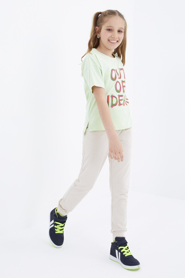 Açık Yeşil Oversize Yazı Baskılı O Yaka Düşük Omuz Kız Çocuk T-Shirt - 75028