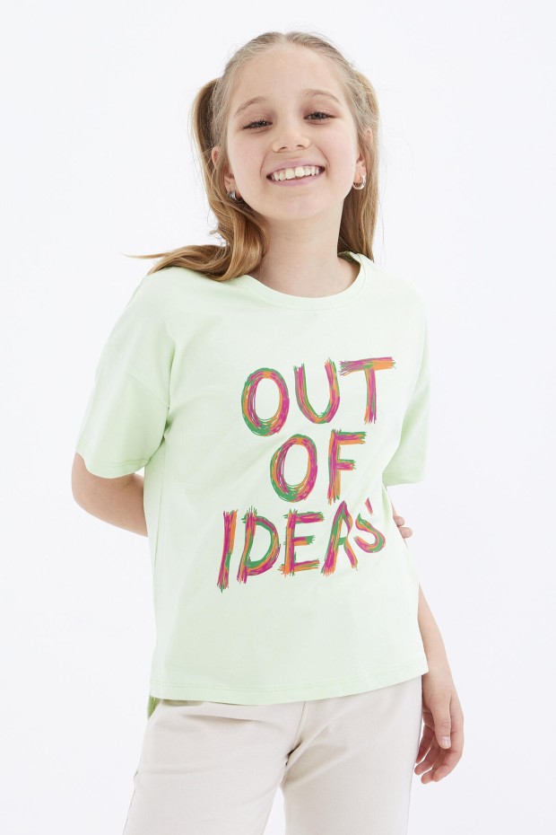 Açık Yeşil Oversize Yazı Baskılı O Yaka Düşük Omuz Kız Çocuk T-Shirt - 75028