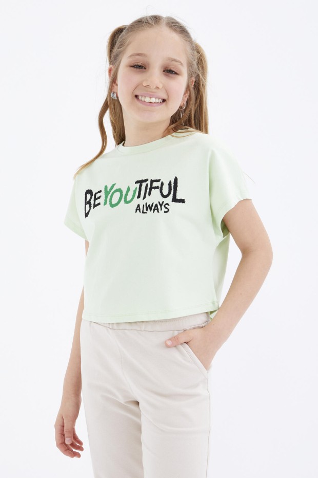 Açık Yeşil Oversize Yazı Baskılı O Yaka Kız Çocuk Crop T-Shirt - 75035