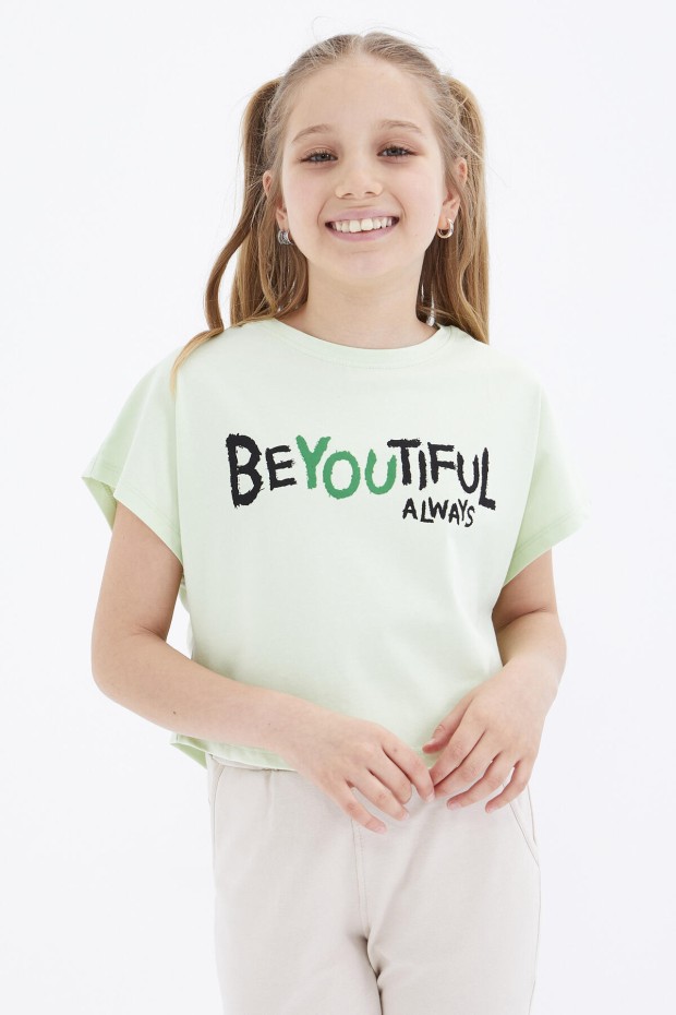 Açık Yeşil Oversize Yazı Baskılı O Yaka Kız Çocuk Crop T-Shirt - 75035