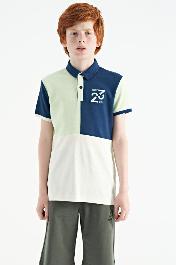 Açık Yeşil Renk Bloklu Nakış Detaylı Standart Kalıp Polo Yaka Erkek Çocuk T-Shirt - 11108
