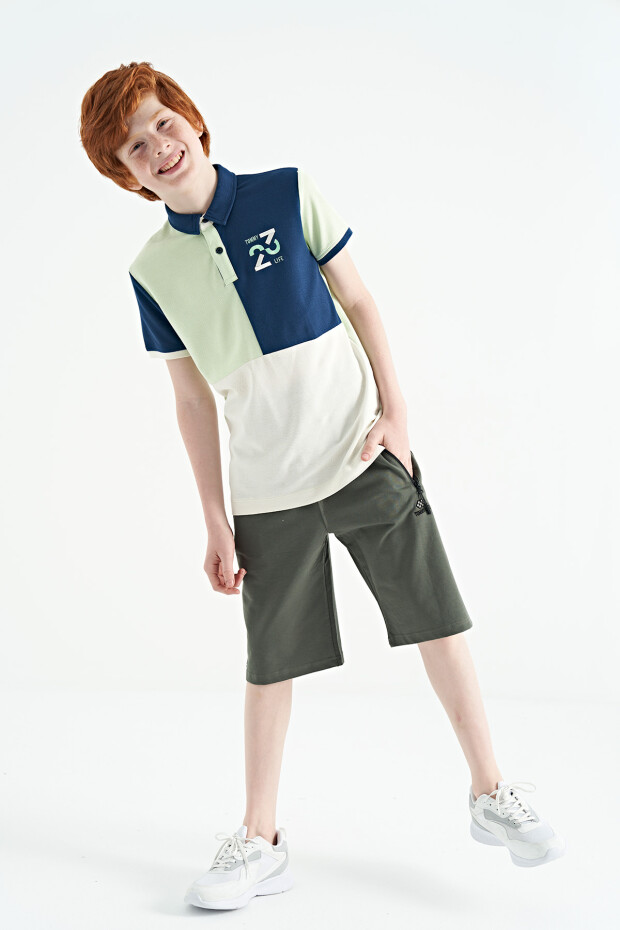 Açık Yeşil Renk Bloklu Nakış Detaylı Standart Kalıp Polo Yaka Erkek Çocuk T-Shirt - 11108
