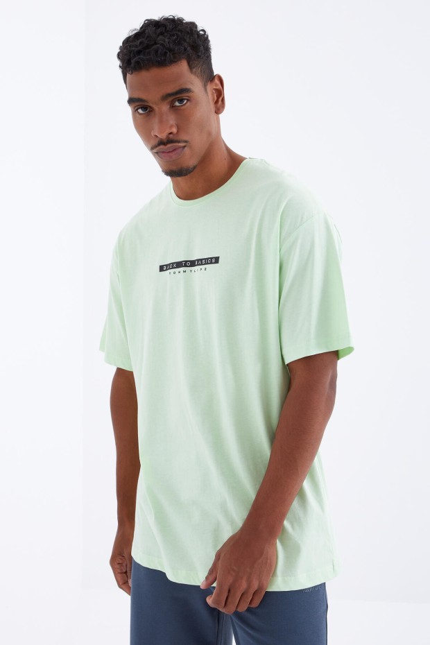 Açık Yeşil Sırtı Yazı Baskılı O Yaka Erkek Oversize T-Shirt - 88100