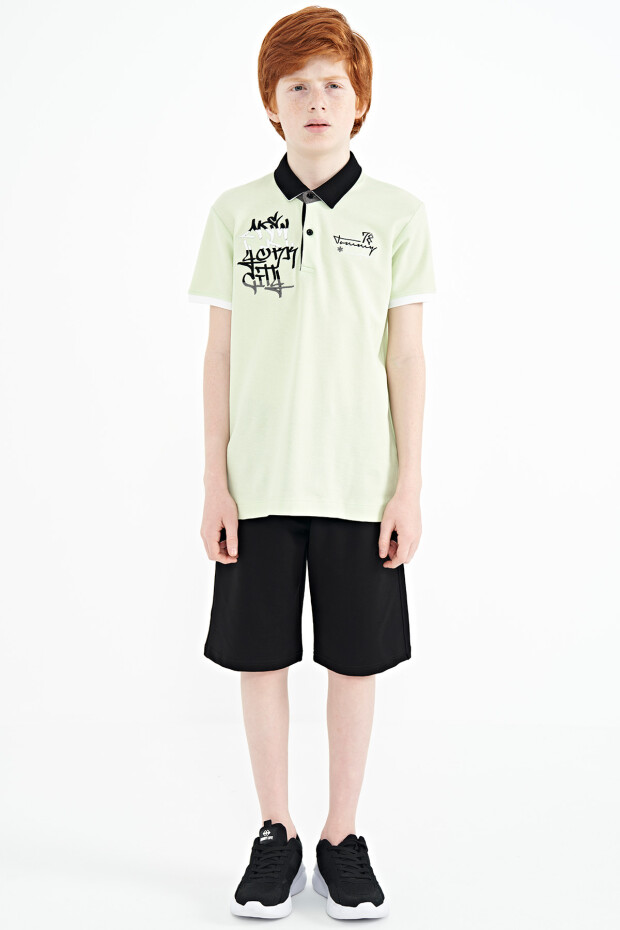 Açık Yeşil Yazı Nakış Detaylı Standart Kalıp Polo Yaka Erkek Çocuk T-Shirt - 11085