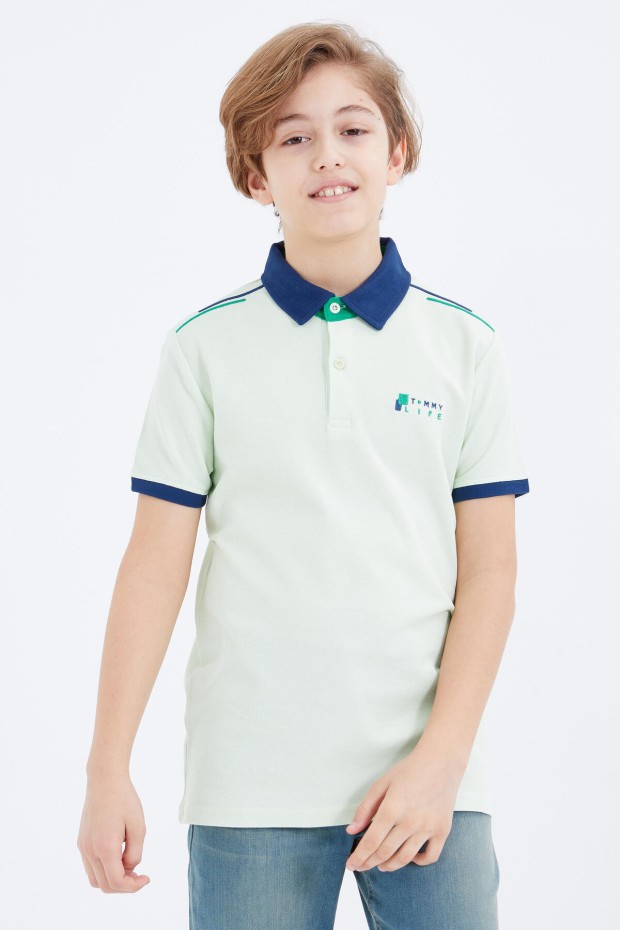 Açık Yeşil Yazı Nakışlı Kısa Kollu Polo Yaka Erkek Çocuk T-Shirt - 10896