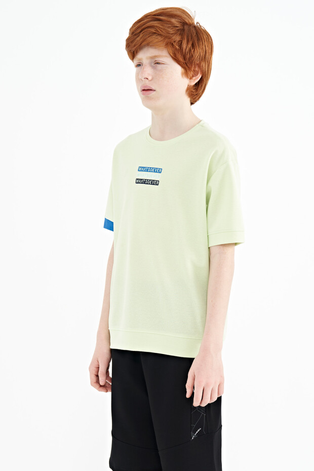 Açık Yeşil Yazı Nakışlı O Yaka Oversize Erkek Çocuk T-Shirt - 11146