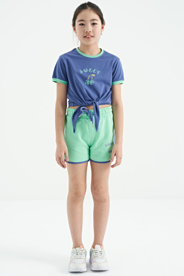 Açık Eflatun - Su Yeşil O Yaka Baskılı Düğüm Detaylı Rahat Kalıp Kız Çocuk Şort Takım - 75132 - TOMMYLIFE (1)