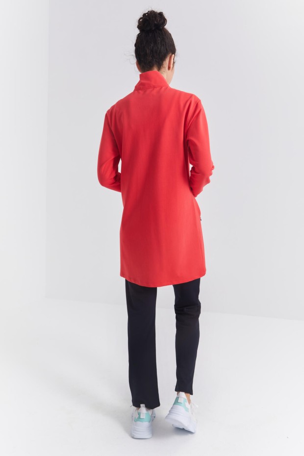 Açık Kırmızı - Lacivert Dik Yaka Fermuarlı Rahat Form Klasik Paça Kadın Eşofman Tunik Takım - 95312