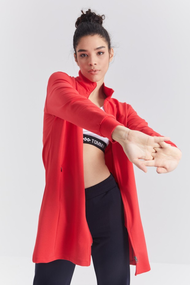 Açık Kırmızı - Lacivert Dik Yaka Fermuarlı Rahat Form Klasik Paça Kadın Eşofman Tunik Takım - 95312