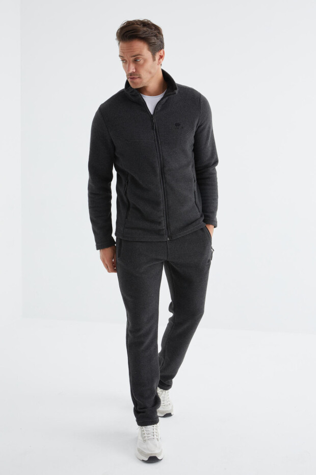 Antrasit Melanj Dik Yaka Basic Fermuar Cepli Standart Kalıp Erkek Polar Eşofman Takımı - 85193 - 1