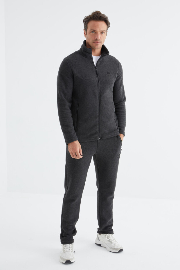 Antrasit Melanj Dik Yaka Basic Fermuar Cepli Standart Kalıp Erkek Polar Eşofman Takımı - 85193 - 3