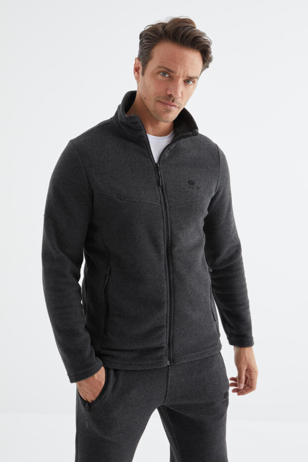 Antrasit Melanj Dik Yaka Basic Fermuar Cepli Standart Kalıp Erkek Polar Eşofman Takımı - 85193 - 4