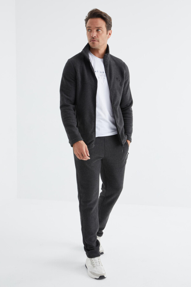 Antrasit Melanj Dik Yaka Basic Fermuar Cepli Standart Kalıp Erkek Polar Eşofman Takımı - 85193 - 5
