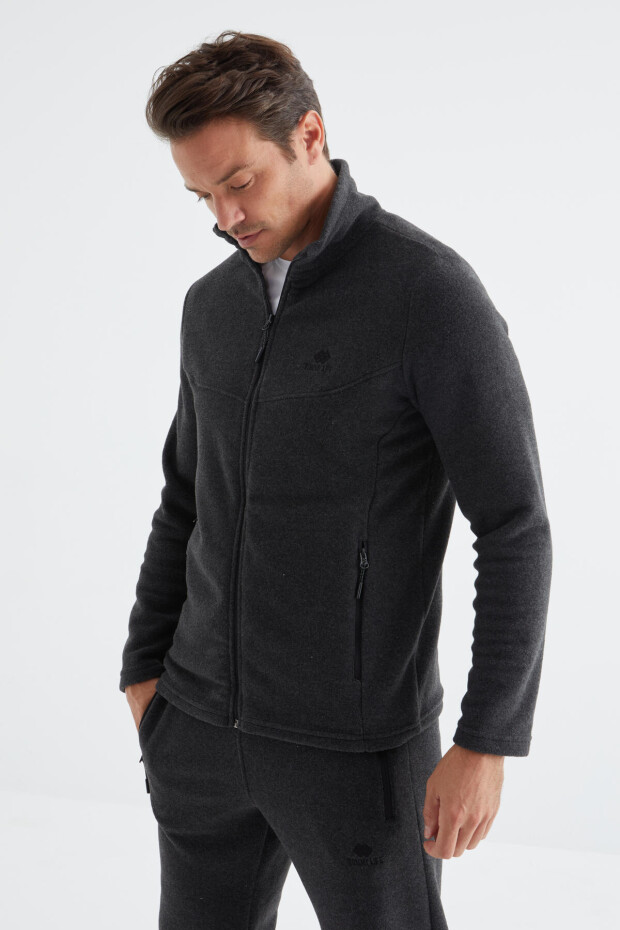 Antrasit Melanj Dik Yaka Basic Fermuar Cepli Standart Kalıp Erkek Polar Eşofman Takımı - 85193 - 6