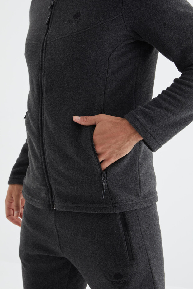 Antrasit Melanj Dik Yaka Basic Fermuar Cepli Standart Kalıp Erkek Polar Eşofman Takımı - 85193 - 7