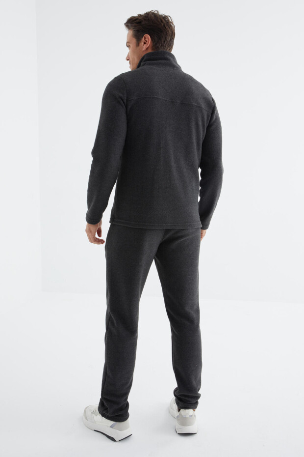 Antrasit Melanj Dik Yaka Basic Fermuar Cepli Standart Kalıp Erkek Polar Eşofman Takımı - 85193 - 8