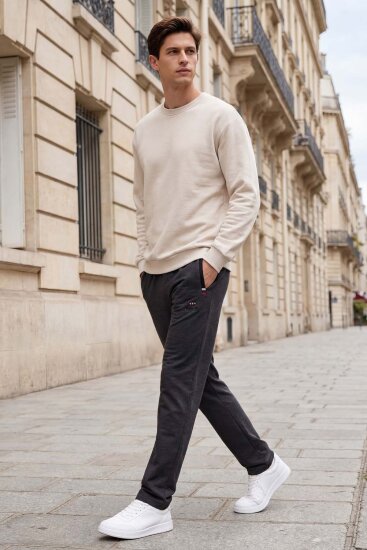 Antrasit Melanj - Siyah Fermuar Cepli Dar Kalıp Klasik Paça Erkek Eşofman Alt - 84649 