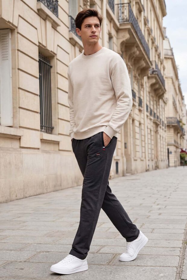 Antrasit Melanj - Siyah Fermuar Cepli Dar Kalıp Klasik Paça Erkek Eşofman Alt - 84649 - 1