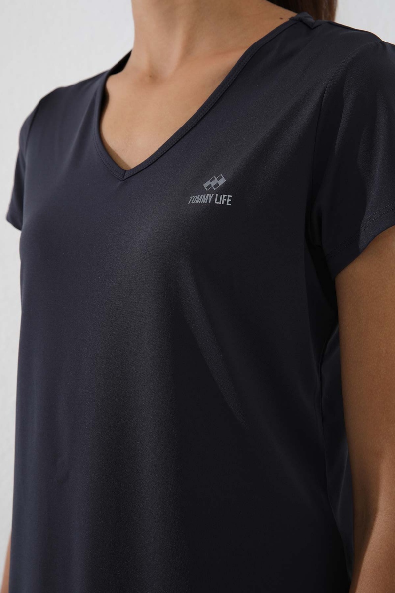 Antrasit Basic Kısa Kol Standart Kalıp V Yaka Kadın T-Shirt - 97145