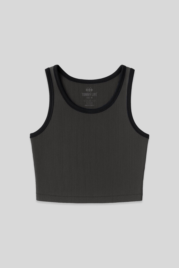 Antrasit Basic Sıfır Kol Dar Kalıp U Yaka Kadın Crop Top Atlet - 97160 - 1