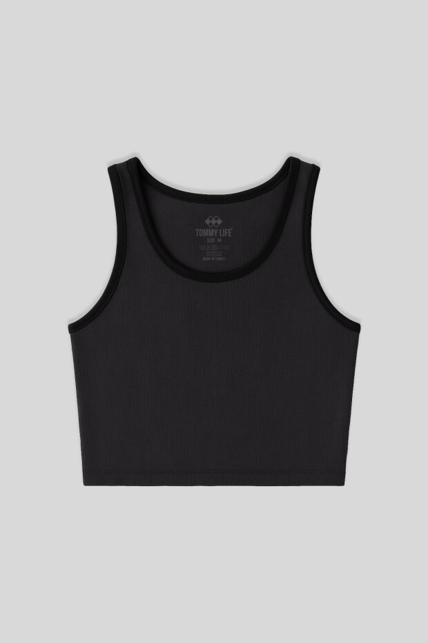 Antrasit Basic Sıfır Kol Dar Kalıp U Yaka Kadın Crop Top Atlet - 97162 - 1