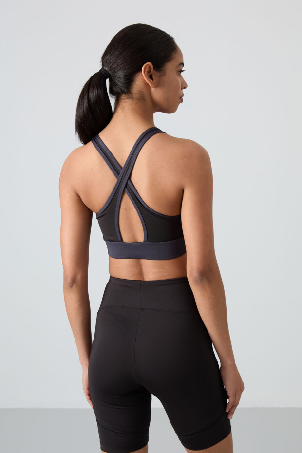 Antrasit Çapraz Sırt Detaylı Slim Fit U Yaka Pedli Kadın Spor Büstiyer - 97121 - 6