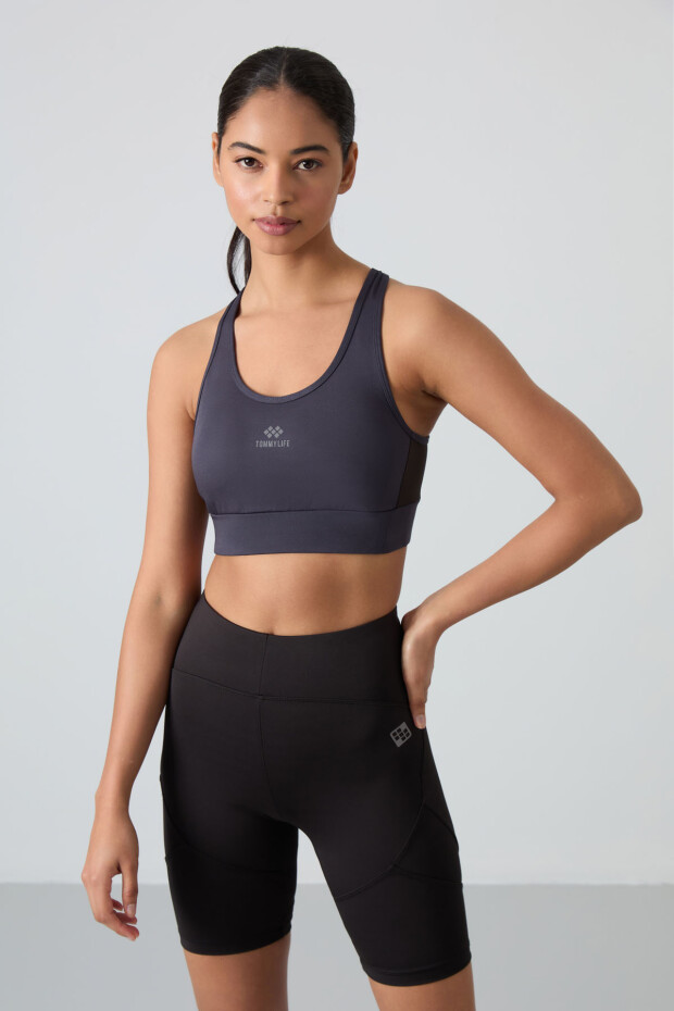Antrasit Çapraz Sırt Detaylı Slim Fit U Yaka Pedli Kadın Spor Büstiyer - 97121 - 7