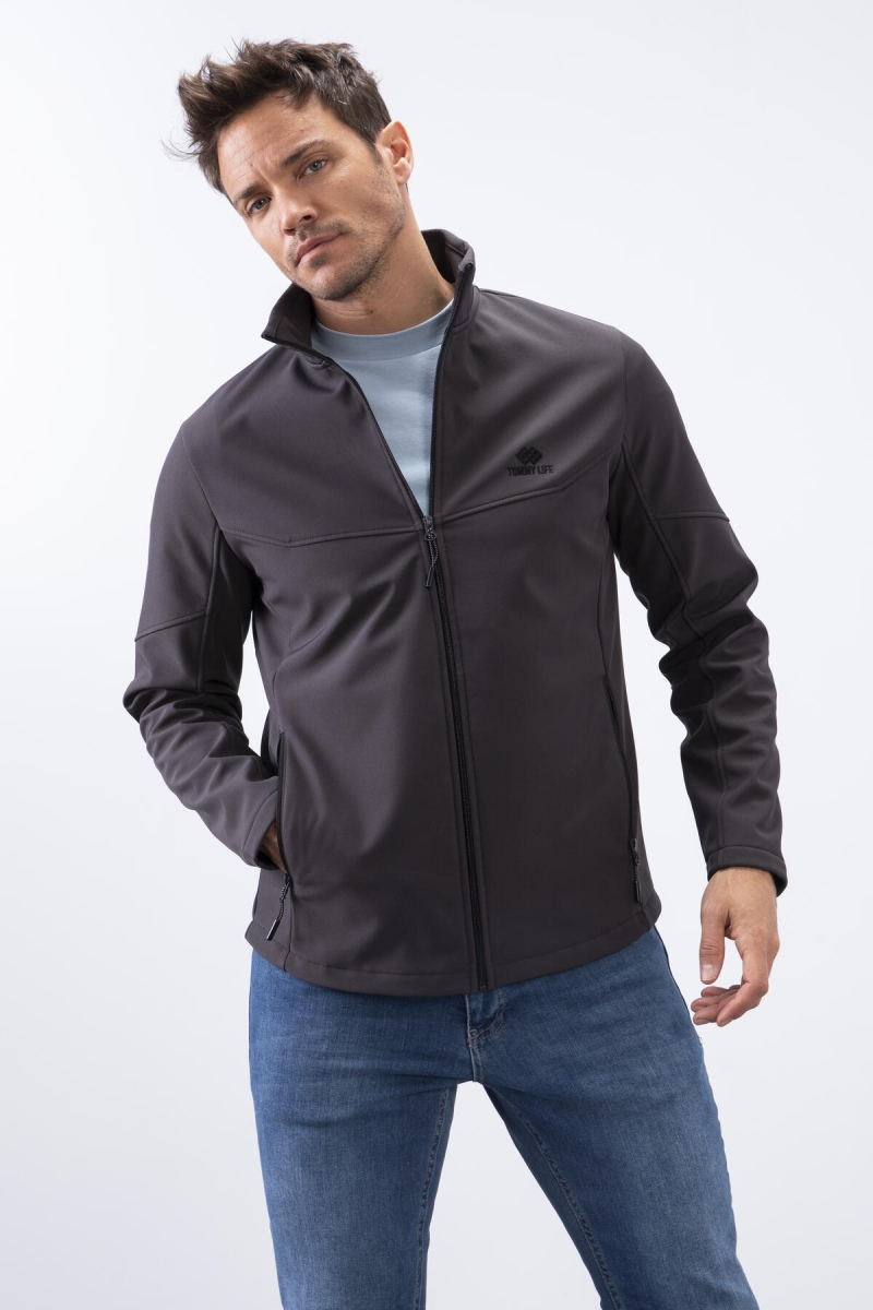 Antrasit Fermuarlı Dik Yaka Su ve Rüzgar Geçirmez Softshell Erkek Mont - 88050 - 1