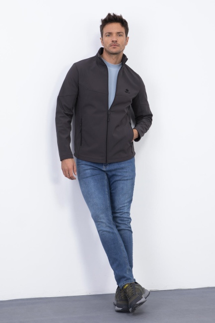 Antrasit Fermuarlı Dik Yaka Su ve Rüzgar Geçirmez Softshell Erkek Mont - 88050 - TOMMYLIFE (1)