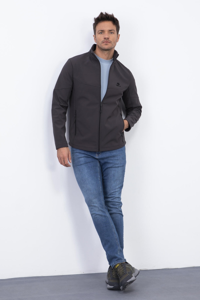 Antrasit Fermuarlı Dik Yaka Su ve Rüzgar Geçirmez Softshell Erkek Mont - 88050 - 2