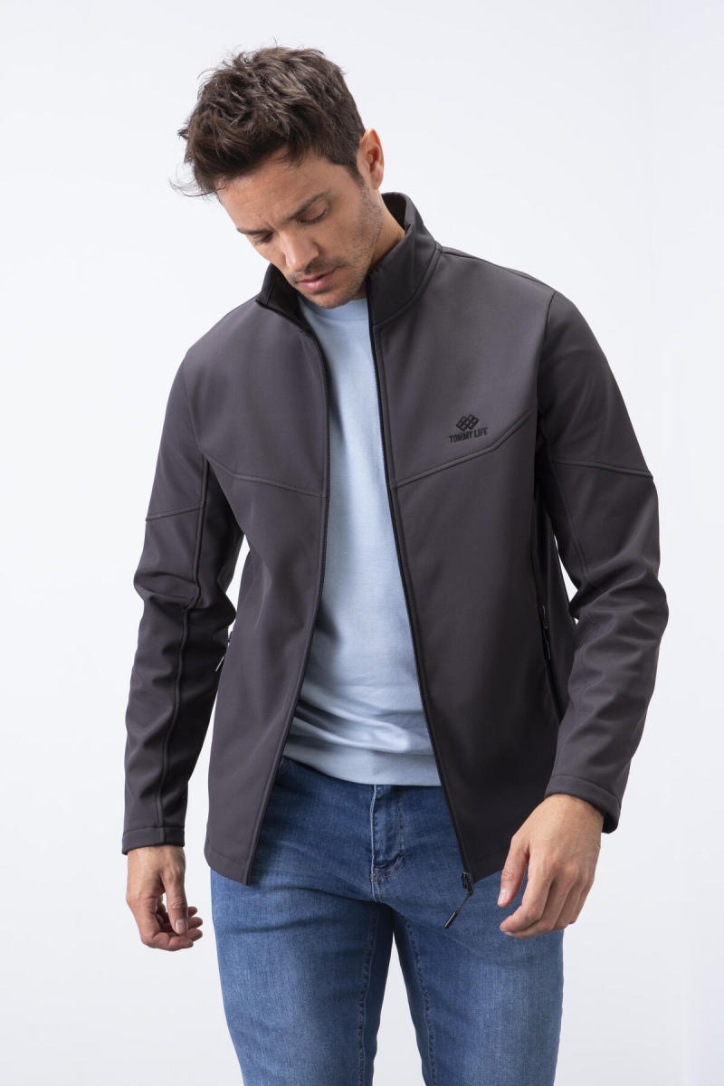 Antrasit Fermuarlı Dik Yaka Su ve Rüzgar Geçirmez Softshell Erkek Mont - 88050 - 3